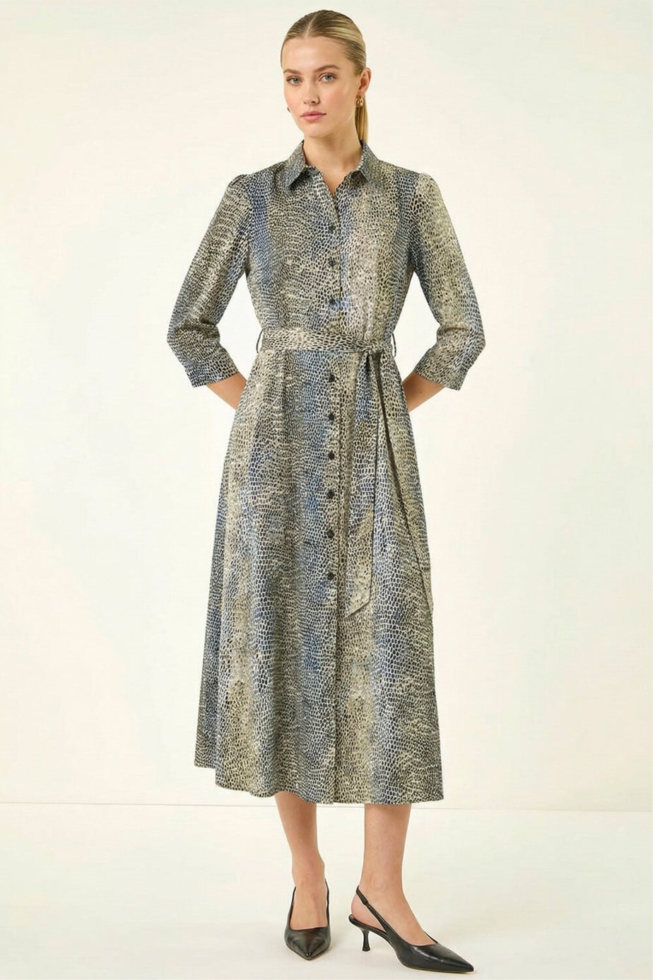 Roman Navy Animal Print Midi Shirt Dress