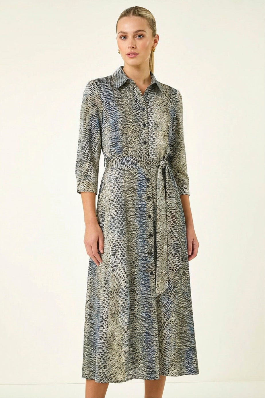 Roman Navy Animal Print Midi Shirt Dress