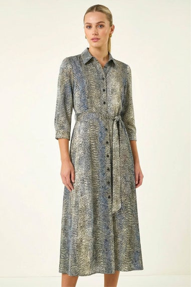 Roman Navy Animal Print Midi Shirt Dress