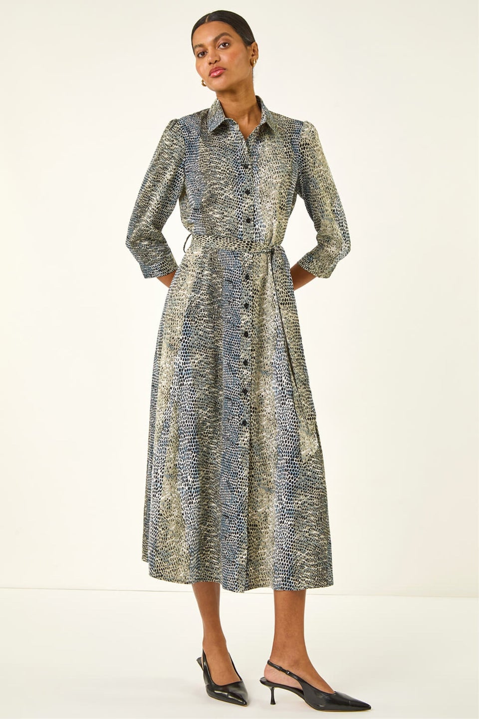 Roman Navy Animal Print Midi Shirt Dress