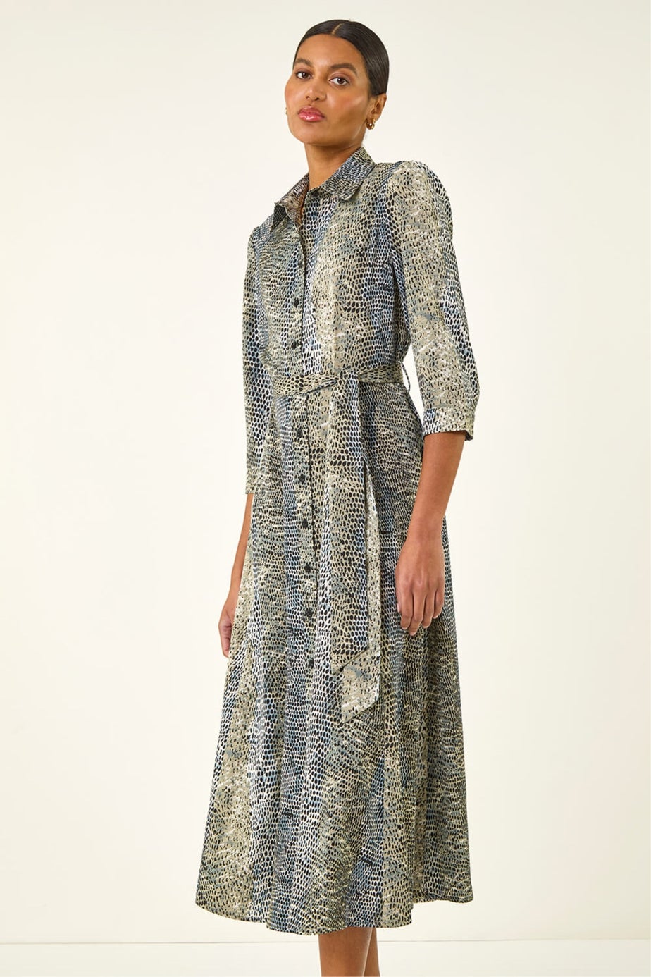 Roman Navy Animal Print Midi Shirt Dress