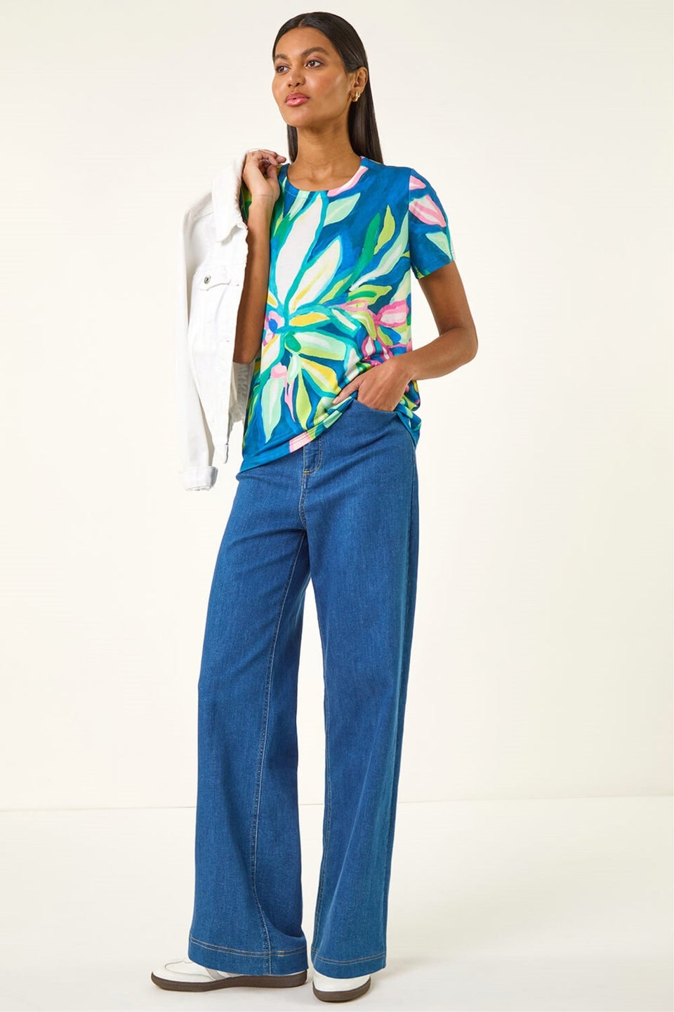 Roman Green Floral Print Stretch Top