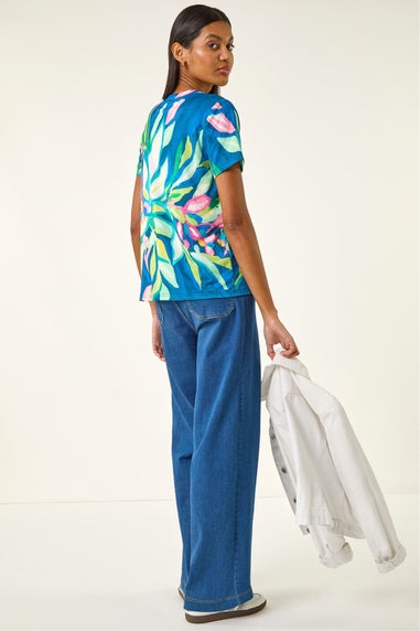 Roman Green Floral Print Stretch Top