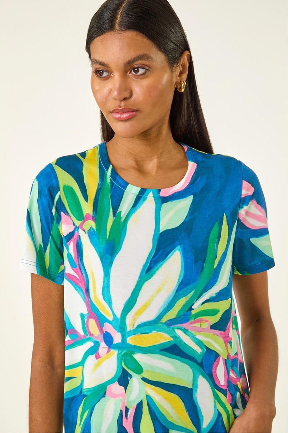 Roman Green Floral Print Stretch Top