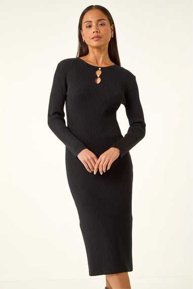 Roman Black Petite Knitted Pearl Detail Midi Dress