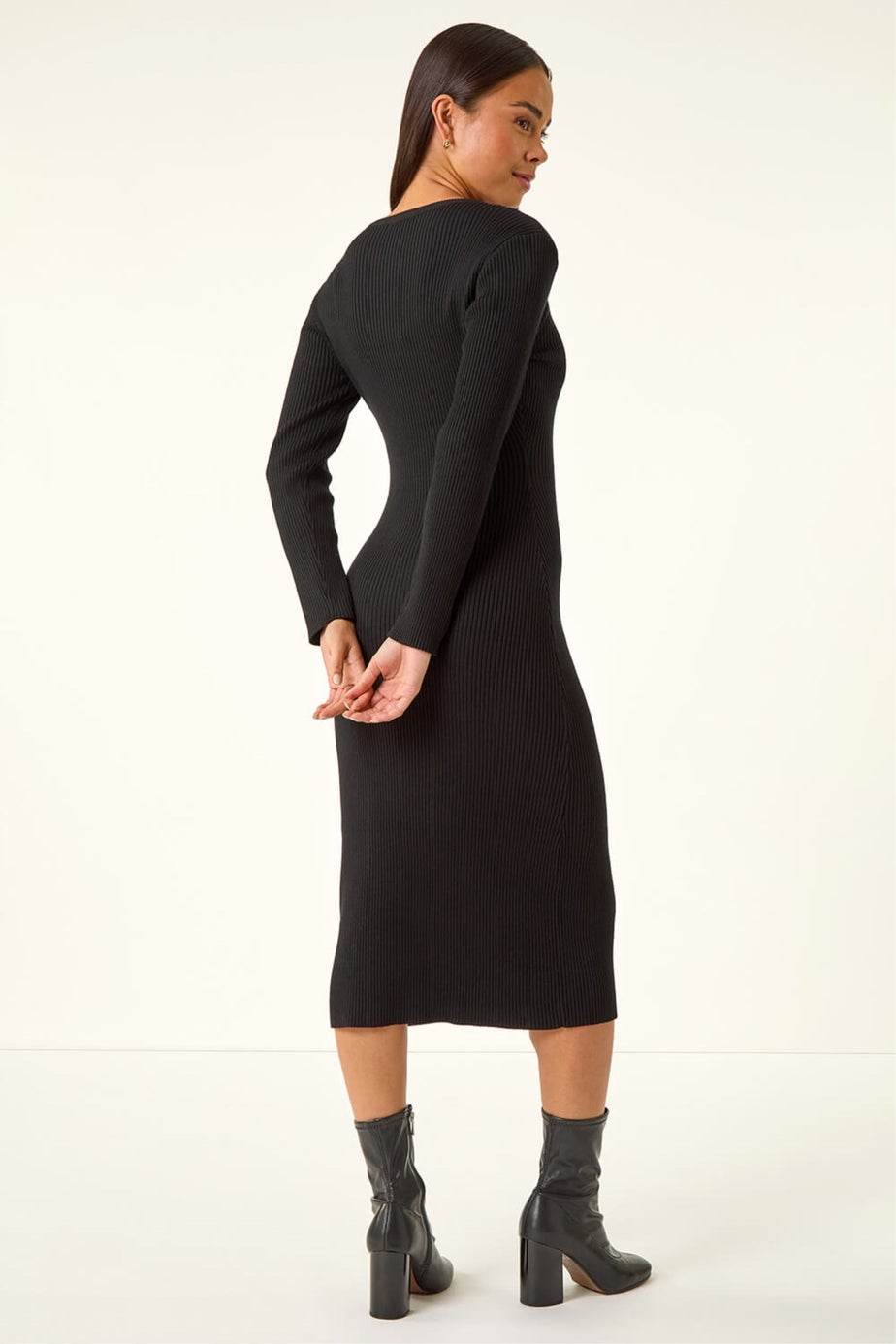 Roman Black Petite Knitted Pearl Detail Midi Dress