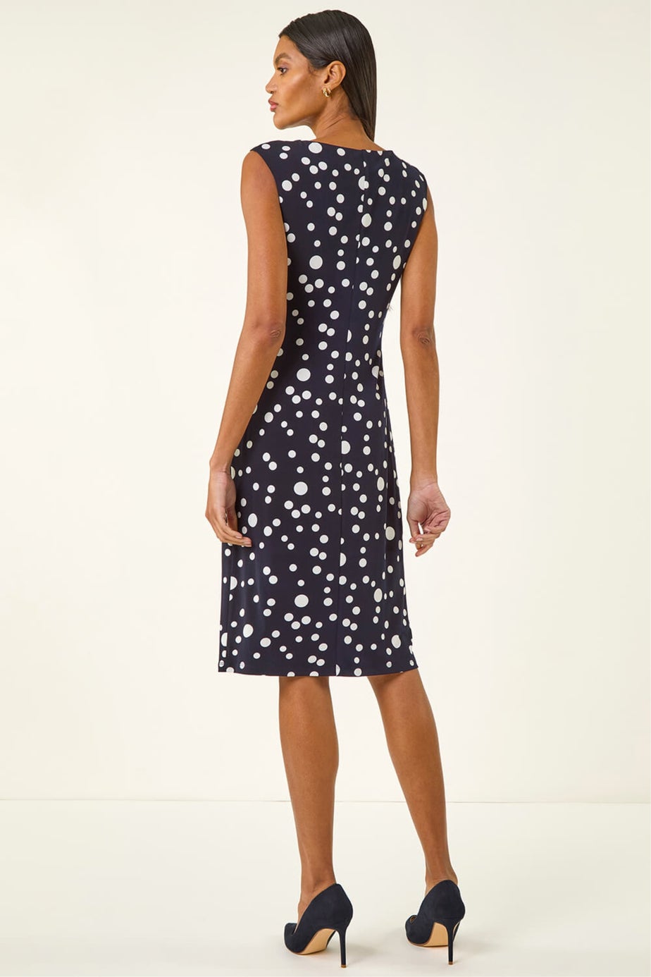Roman Navy Spot Print Gathered Stretch Dress