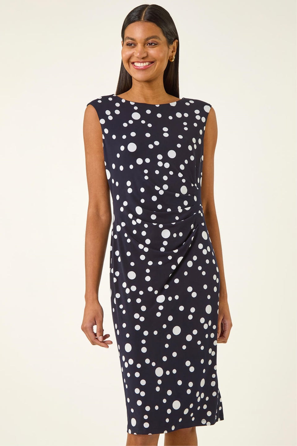 Roman Navy Spot Print Gathered Stretch Dress