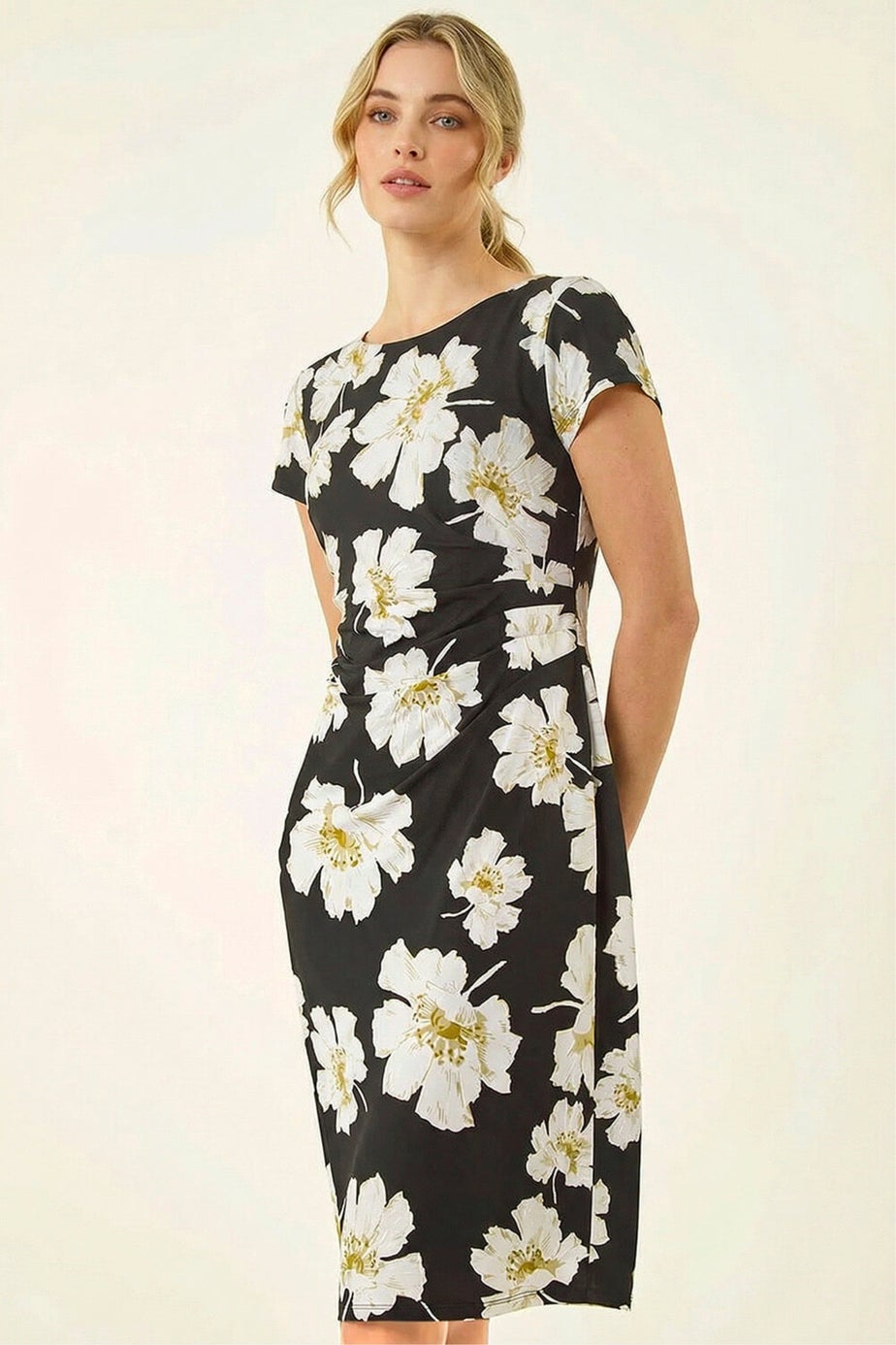 Roman Black Floral Gathered Shift Dress
