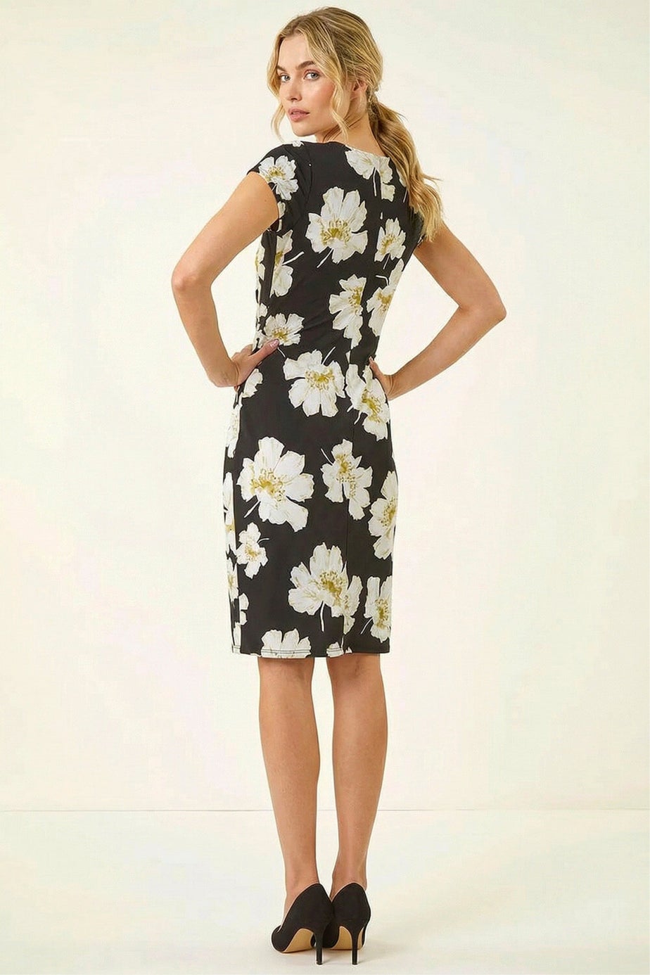 Roman Black Floral Gathered Shift Dress