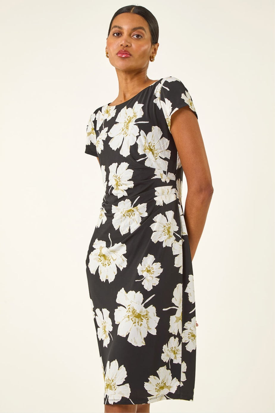 Roman Black Floral Gathered Shift Dress