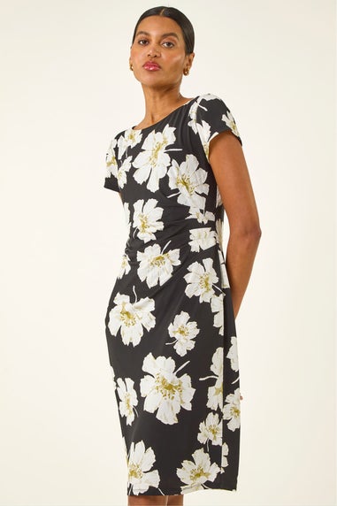 Roman Black Floral Gathered Shift Dress