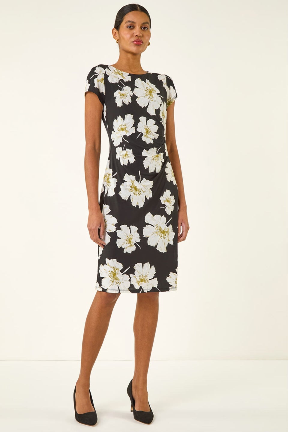 Roman Black Floral Gathered Shift Dress