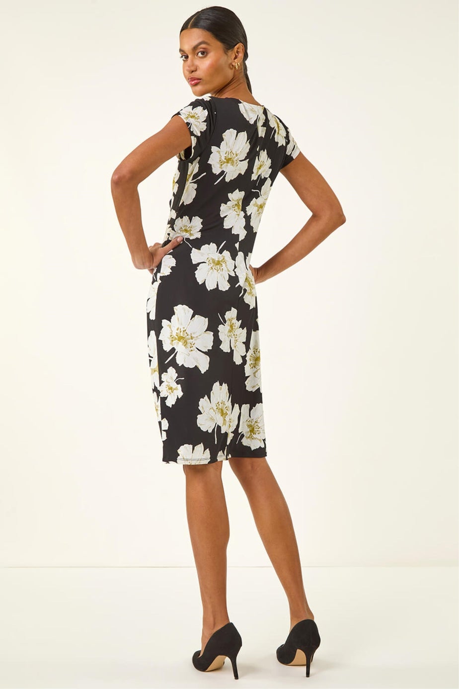 Roman Black Floral Gathered Shift Dress
