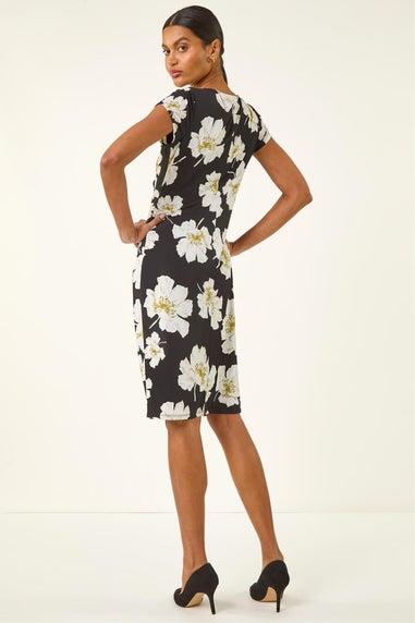 Roman Black Floral Gathered Shift Dress