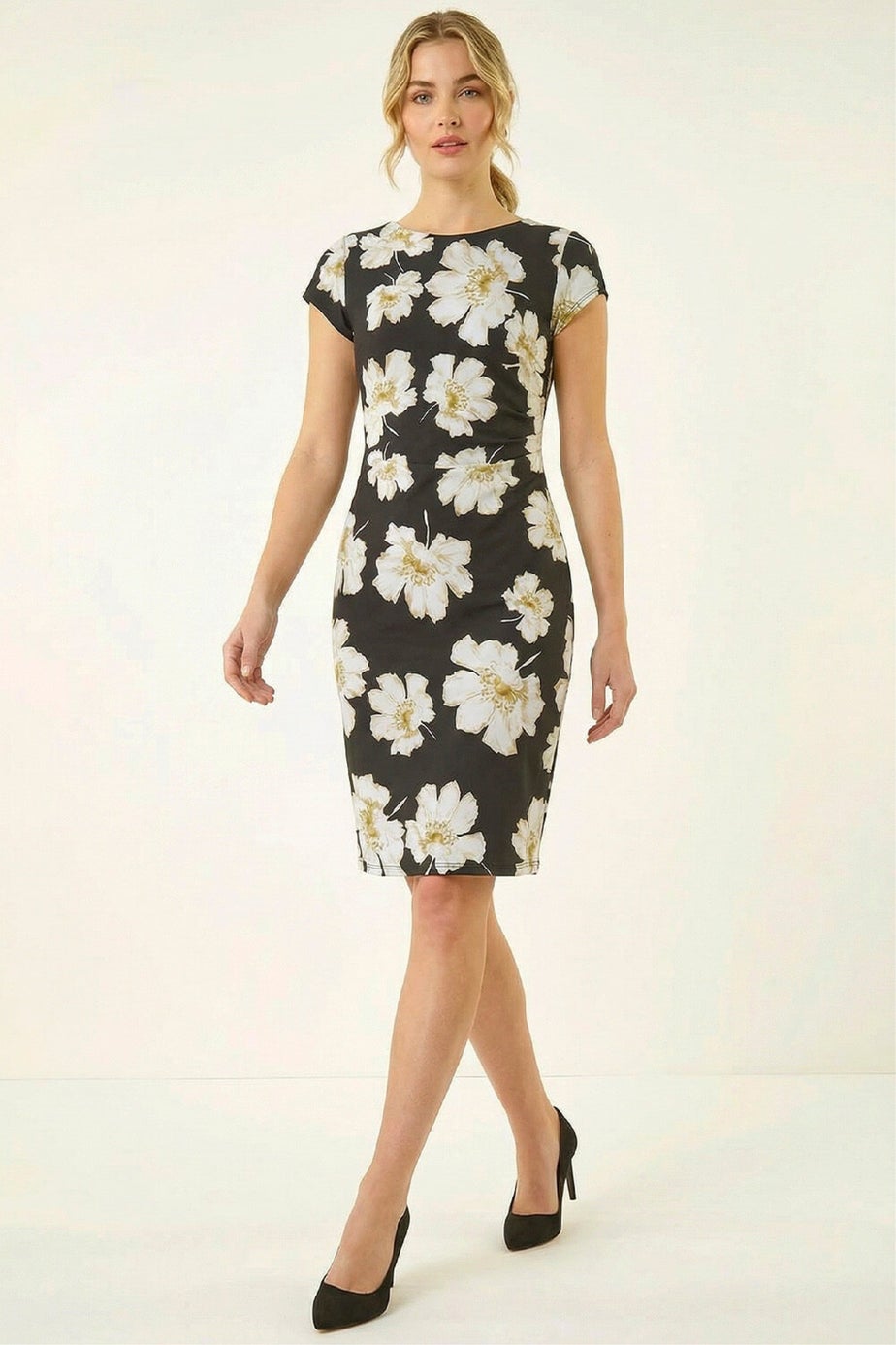 Roman Black Floral Gathered Shift Dress