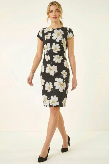 Roman Black Floral Gathered Shift Dress