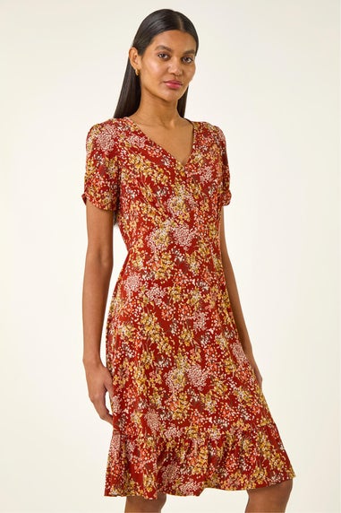 Roman Red Floral Print Button Stretch Tea Dress