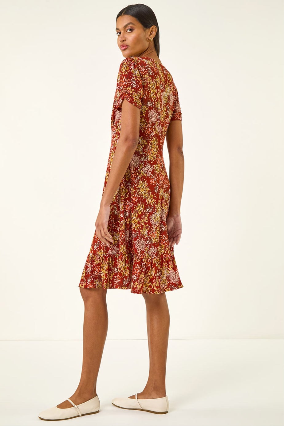 Roman Red Floral Print Button Stretch Tea Dress
