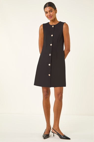 Roman Black Button Through Stretch Mini Dress