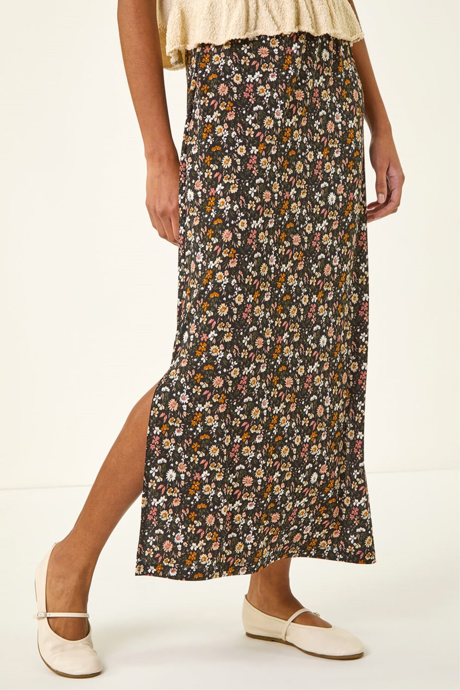 Roman Pink Ditsy Floral Stretch Maxi Skirt