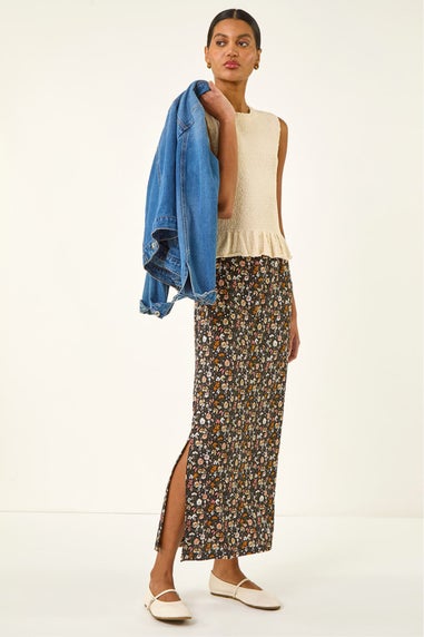 Roman Pink Ditsy Floral Stretch Maxi Skirt