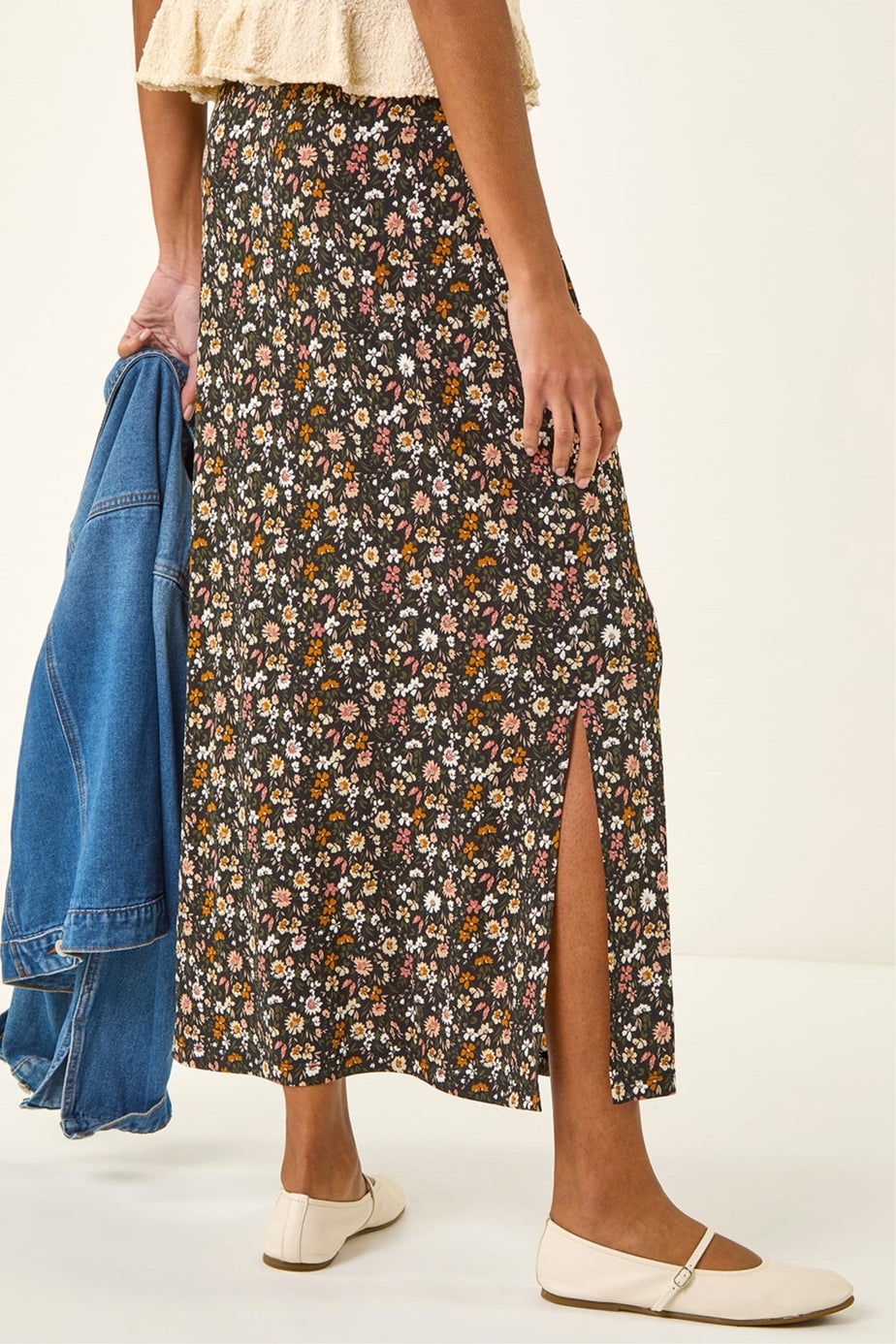 Roman Pink Ditsy Floral Stretch Maxi Skirt