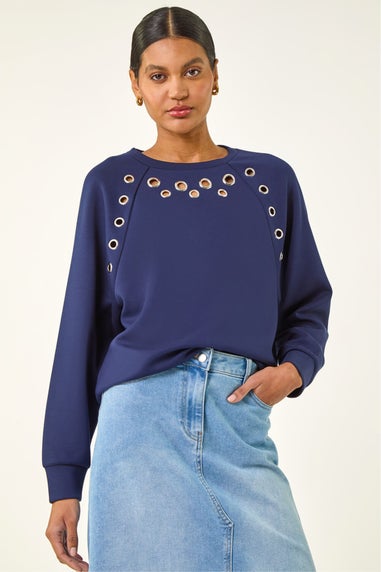Roman Navy Eyelet Detail Stretch Top