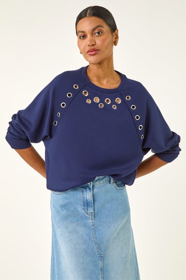 Roman Navy Eyelet Detail Stretch Top