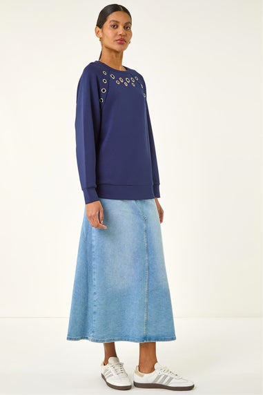 Roman Navy Eyelet Detail Stretch Top