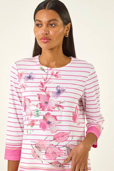 Roman Pink Stripe Floral Print Stretch Top