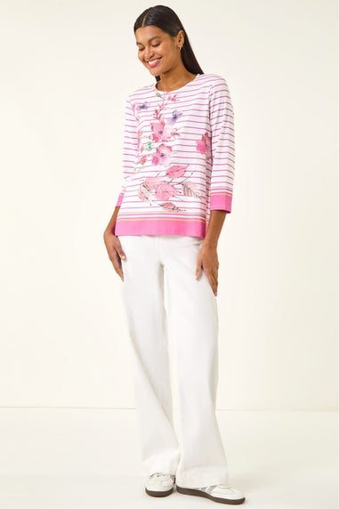 Roman Pink Stripe Floral Print Stretch Top