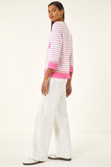 Roman Pink Stripe Floral Print Stretch Top