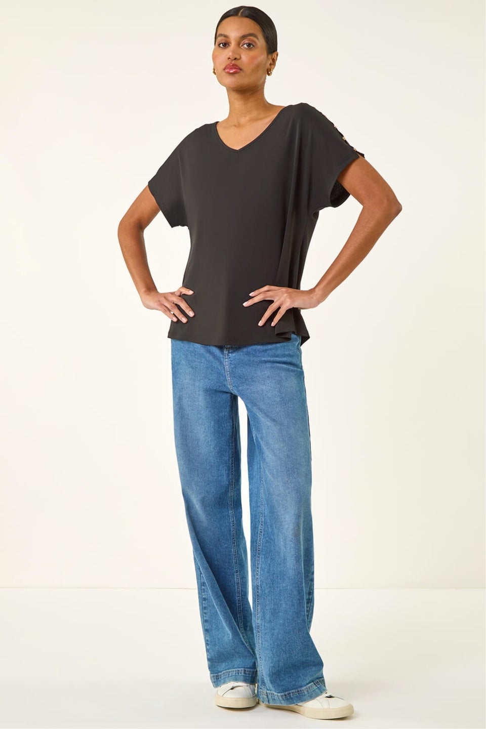 Roman Black Cold Shoulder Button Top