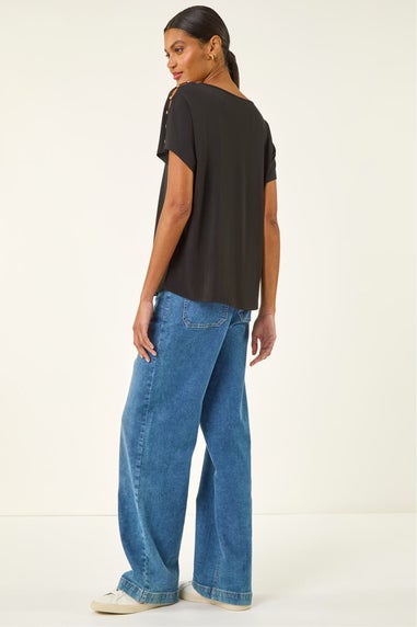 Roman Black Cold Shoulder Button Top