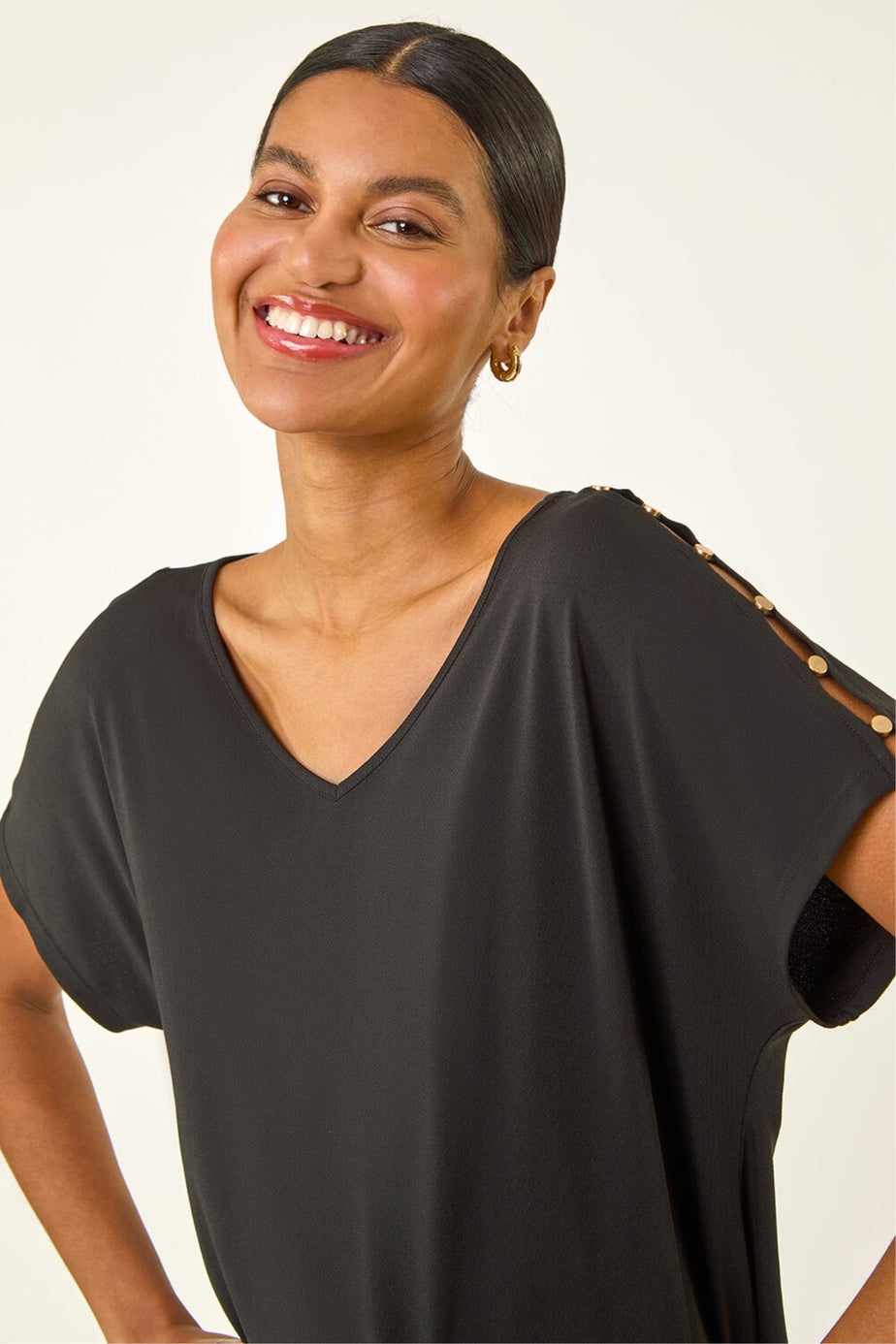 Roman Black Cold Shoulder Button Top