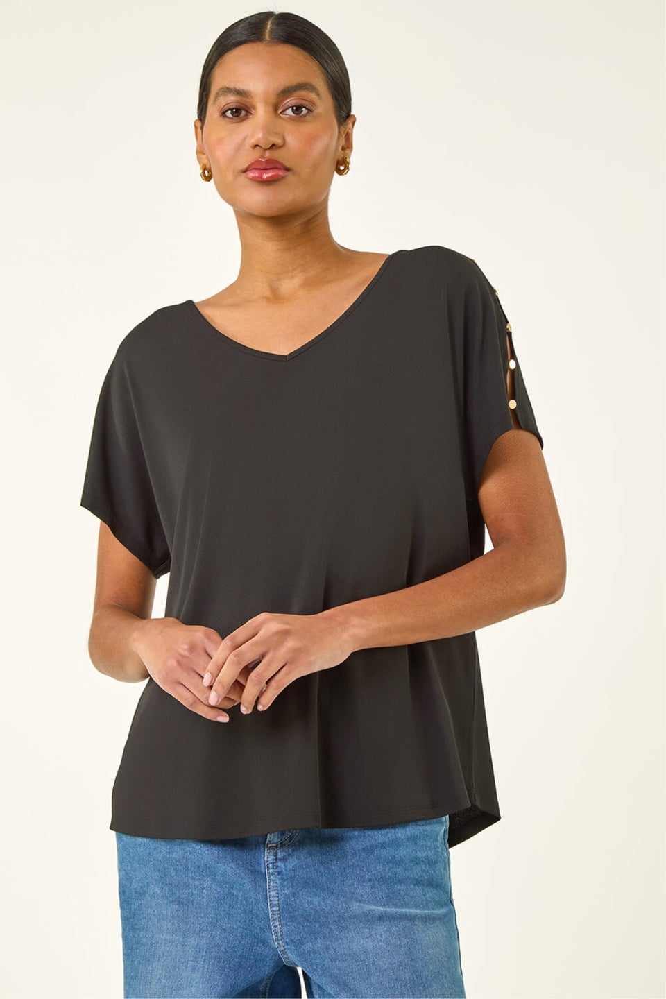 Roman Black Cold Shoulder Button Top
