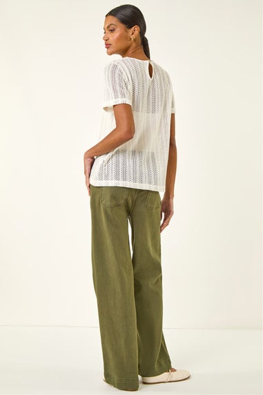 Roman Cream Textured Floral Line Stretch Top