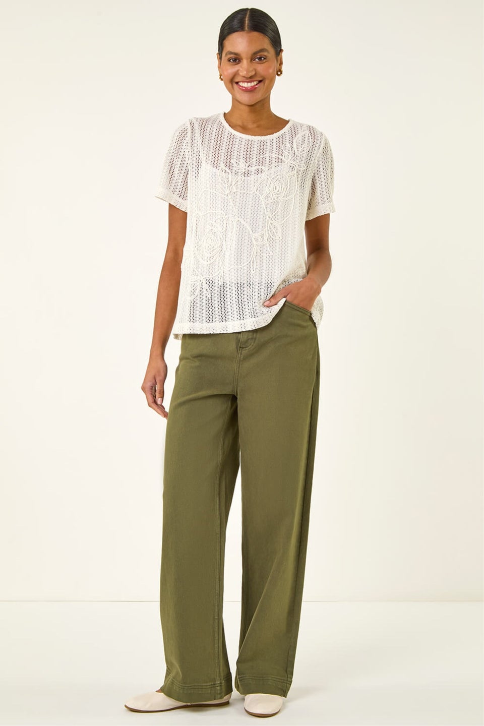 Roman Cream Textured Floral Line Stretch Top