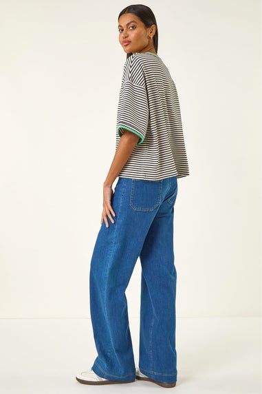 Roman Black Stripe Print Stretch Tunic Top