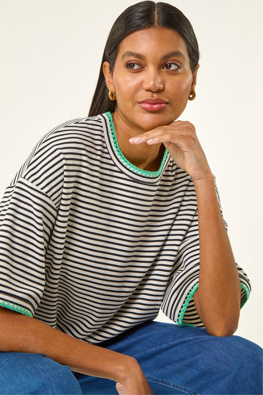 Roman Black Stripe Print Stretch Tunic Top