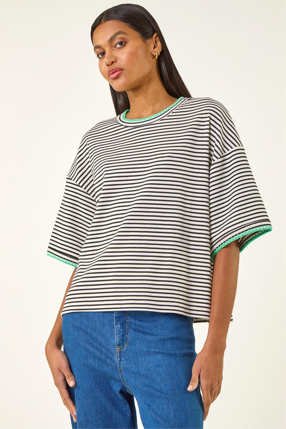 Roman Black Stripe Print Stretch Tunic Top