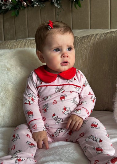 My Christmas Pyjamas Pink Feline Festive Baby's One-Piece Matching Pyjama Sleepsuit (Newborn-12m)