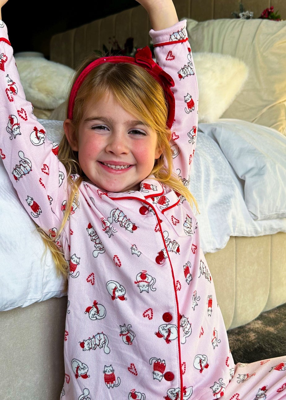My Christmas Pyjamas Pink Feline Festive Children's Two-Piece Long Matching Pyjama Set (18m-14yrs)