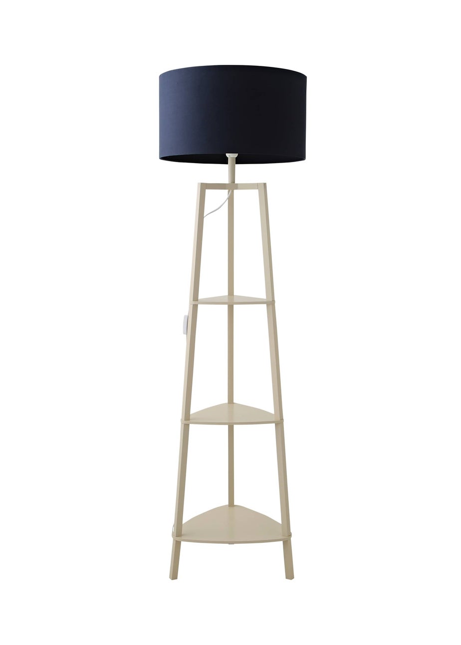 ValueLights Hiru Cream 3 Tier Shelf Floor Lamp with Navy Drum Shade