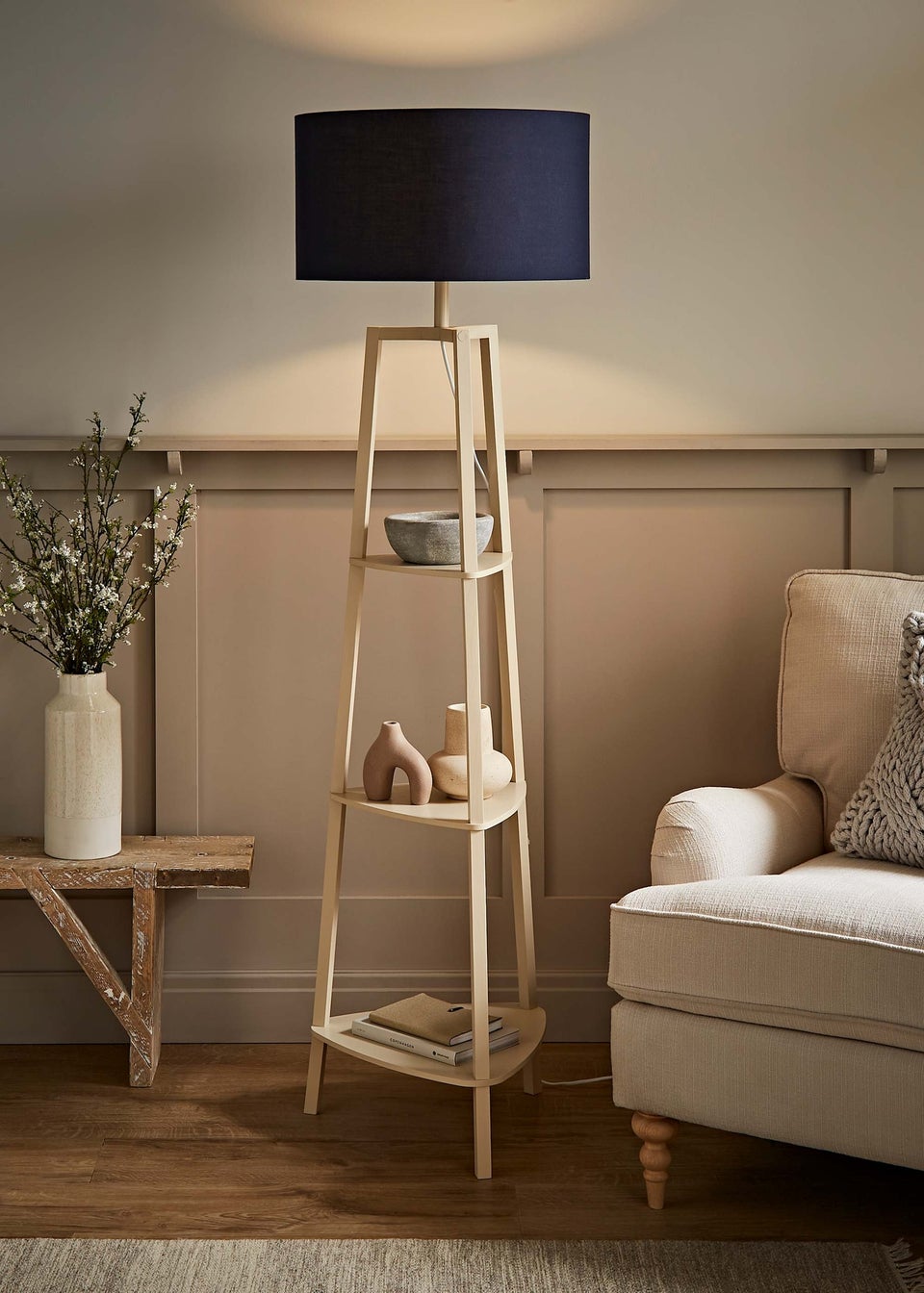ValueLights Hiru Cream 3 Tier Shelf Floor Lamp with Navy Drum Shade