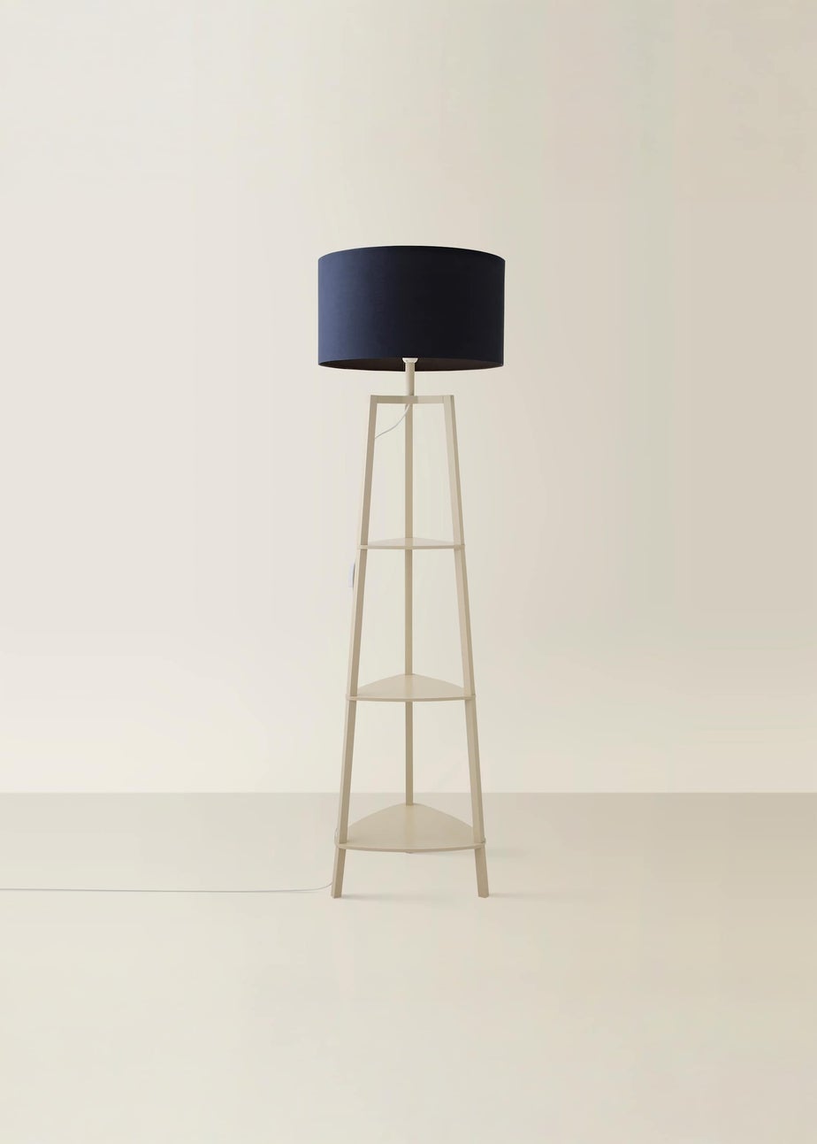 ValueLights Hiru Cream 3 Tier Shelf Floor Lamp with Navy Drum Shade