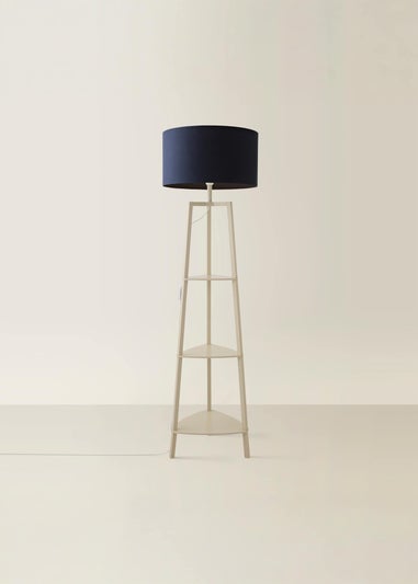 ValueLights Hiru Cream 3 Tier Shelf Floor Lamp with Navy Drum Shade