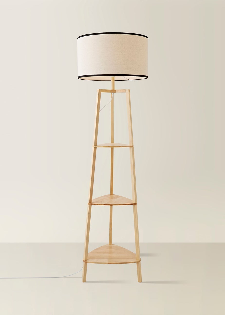 ValueLights Hiru Natural 3 Tier Shelf Floor Lamp with Black Trim Linen Shade