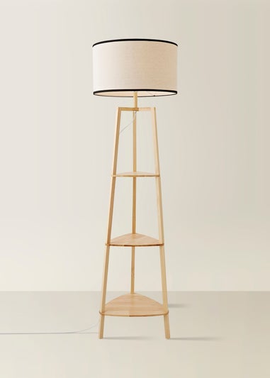 ValueLights Hiru Natural 3 Tier Shelf Floor Lamp with Black Trim Linen Shade